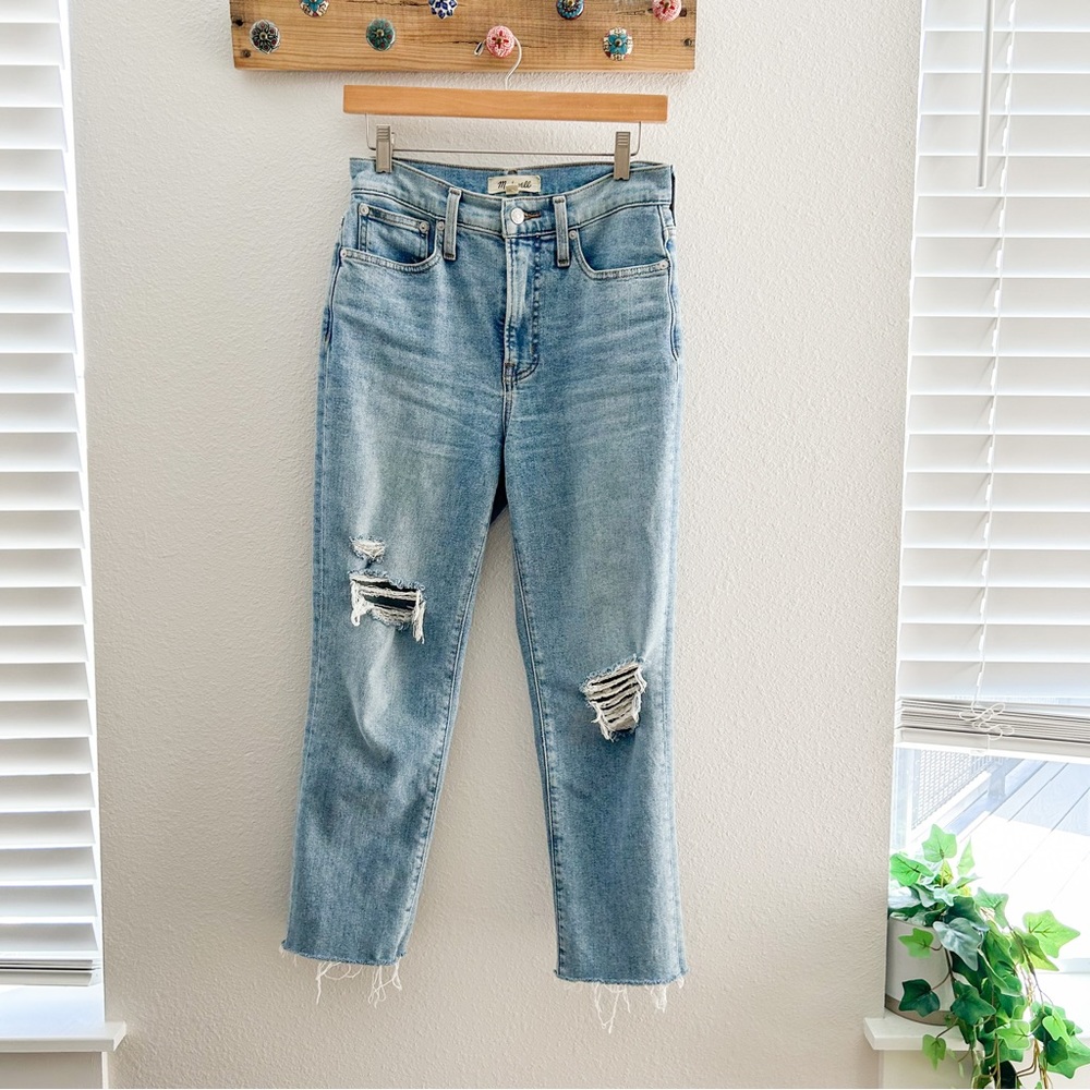MADEWELL  Mom Jeans Size 26 Medium Wash Distressed Knee Straight Raw Hem